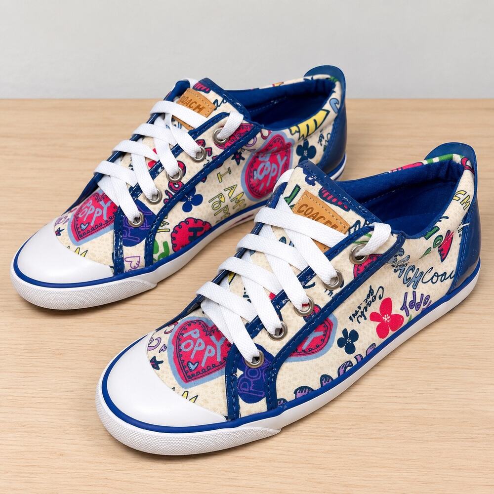 Y2K Coach A1650 Poppy Barrett Tennis Shoe in Graffiti Heart Print Size 7B